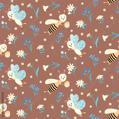 Seamless Pattern With Cute Bees, Butterflies, And Wildflowers On Brown Background