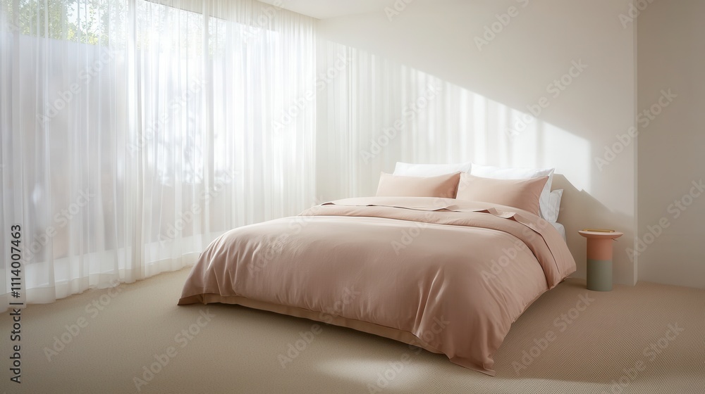 Fototapeta premium Cozy and Minimalist Bedroom Interior with Soft Neutral Tones and Abundant Natural Light Highlighting Modern Design Aesthetics for Relaxation and Comfort