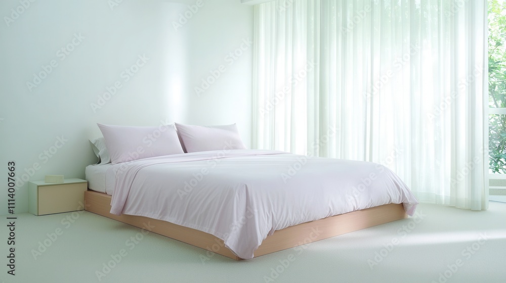 Fototapeta premium Serene Minimalist Bedroom with Soft Pink Bedding and Abundant Natural Light Highlighting Modern Interior Design Aesthetics