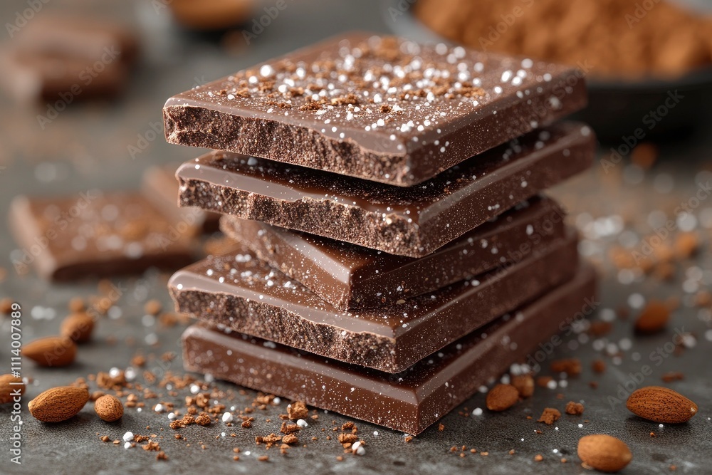 Stack of Delicious Dark Chocolate Bars with Sea Salt and Almonds Stack of Delicious Dark Chocolate Bars with Sea Salt and Almonds