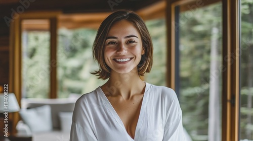 Smiling Woman Portrait in a Cozy Home. A Radiant and Happy Person in a Beautiful Setting.