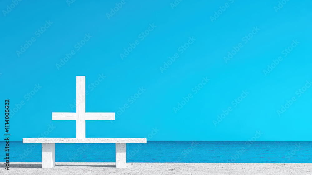 Minimalist White Bench with Abstract Cross Design Against Vibrant Blue Sky and Calm Ocean Horizon in a Serene Coastal Setting Minimalist White Bench with Abstract Cross Design Against Vibrant Blue Sky and Calm Ocean Horizon in a Serene Coastal Setting