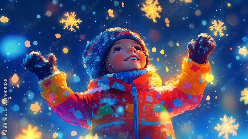 A cheerful child wearing a colorful winter jacket and cozy hat, surrounded by glowing snowflakes on a winter evening A cheerful child wearing a colorful winter jacket and cozy hat, surrounded by glowing snowflakes on a winter evening