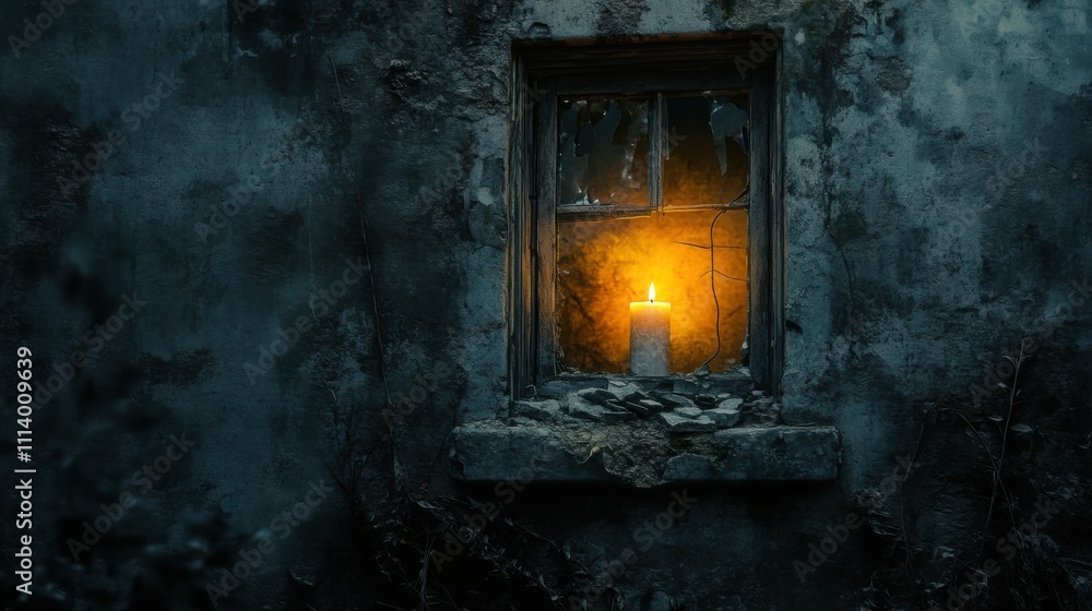 a ruined house with a single lit candle placed in the shattered window a ruined house with a single lit candle placed in the shattered window