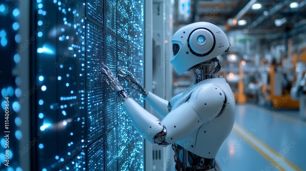 A humanoid robot interacts with a digital display in a futuristic industrial setting. A humanoid robot interacts with a digital display in a futuristic industrial setting.