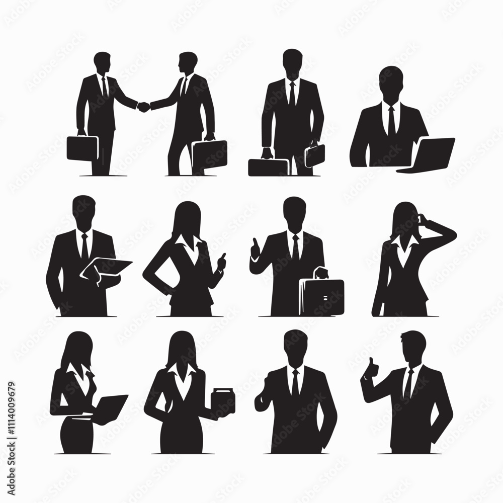 A vector silhouette image of a Black Business teamwork Icons set with a white background. A vector silhouette image of a Black Business teamwork Icons set with a white background.
