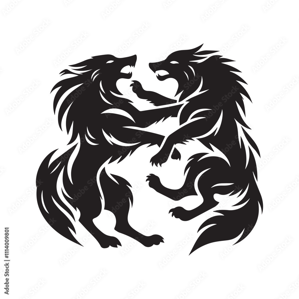 Obraz premium A vector silhouette of a fight between two wolves with a white background.