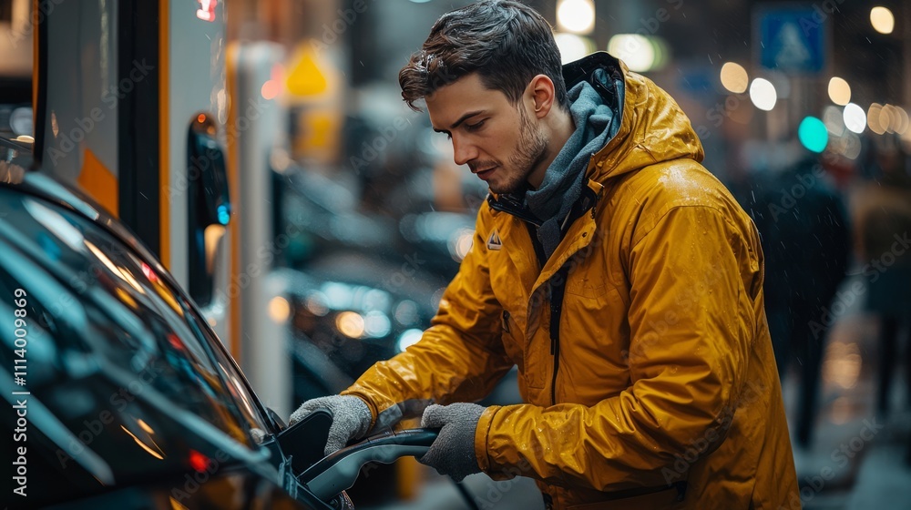 A man in a yellow jacket charges an electric vehicle at a nighttime urban charging station. A man in a yellow jacket charges an electric vehicle at a nighttime urban charging station.