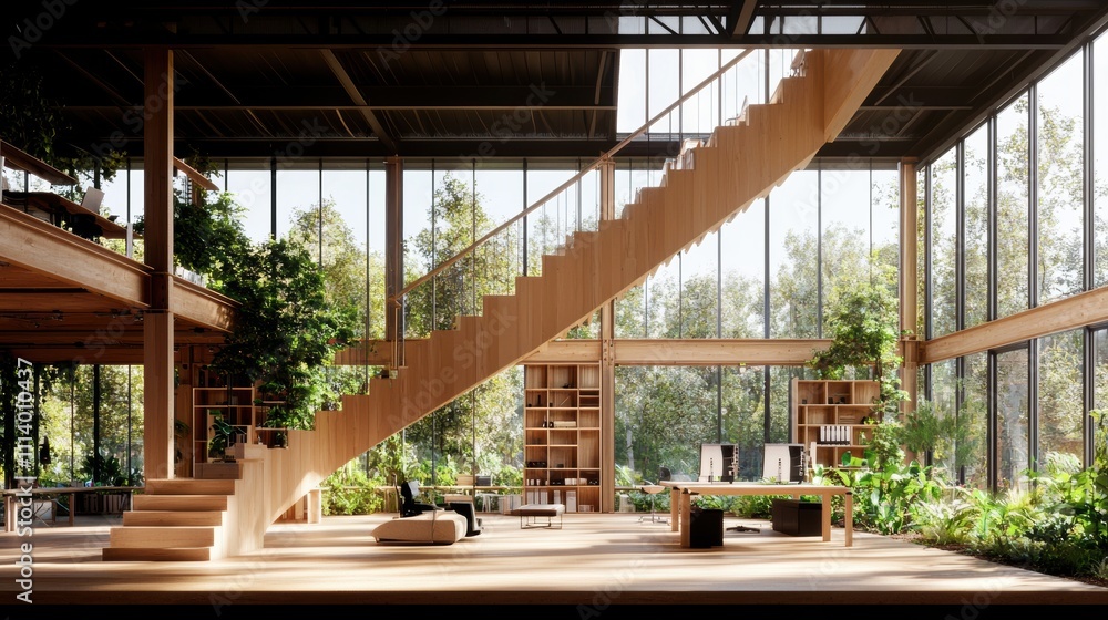 Modern Eco-Friendly Office with Wooden Staircase and Abundant Greenery. Modern Eco-Friendly Office with Wooden Staircase and Abundant Greenery.