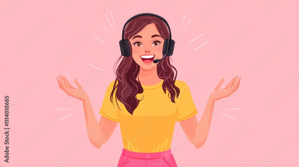 A cheerful call center agent wearing a headset smiles as she interacts with customers, showcasing excellent communication skills and a welcoming attitude in a vibrant, colorful setting A cheerful call center agent wearing a headset smiles as she interacts with customers, showcasing excellent communication skills and a welcoming attitude in a vibrant, colorful setting