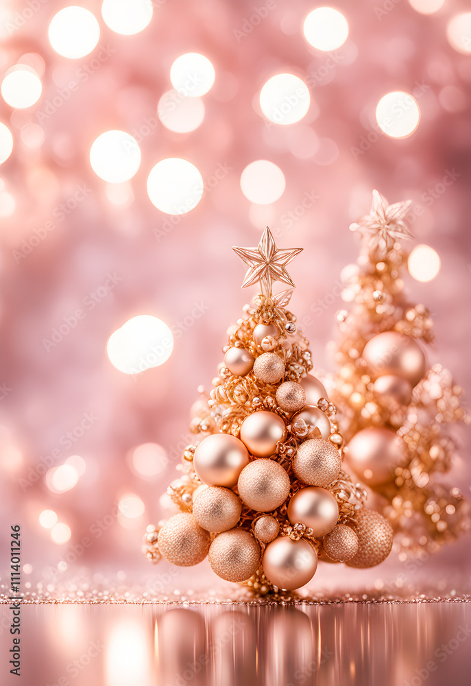 Elegant golden Christmas tree with ornaments on sparkling pink background. Elegant golden Christmas tree with ornaments on sparkling pink background.