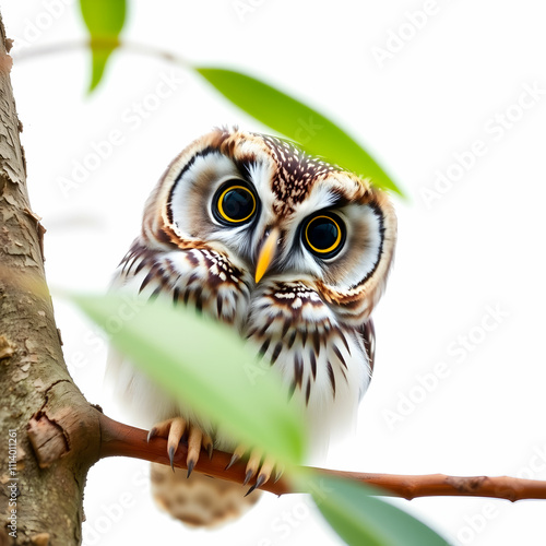 Tropical screech owl Megascops choliba looking at the camera isolated on white photo