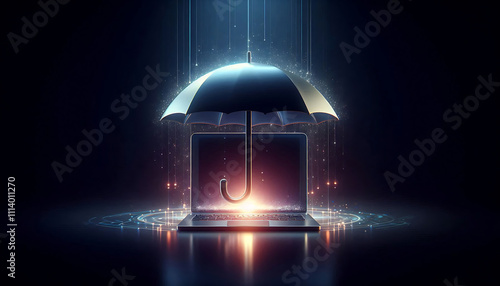 Cybersecurity visualized laptop under online protection umbrella
