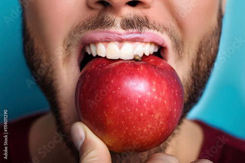 morder una manzana roja con los dientes blancos de un chico photo