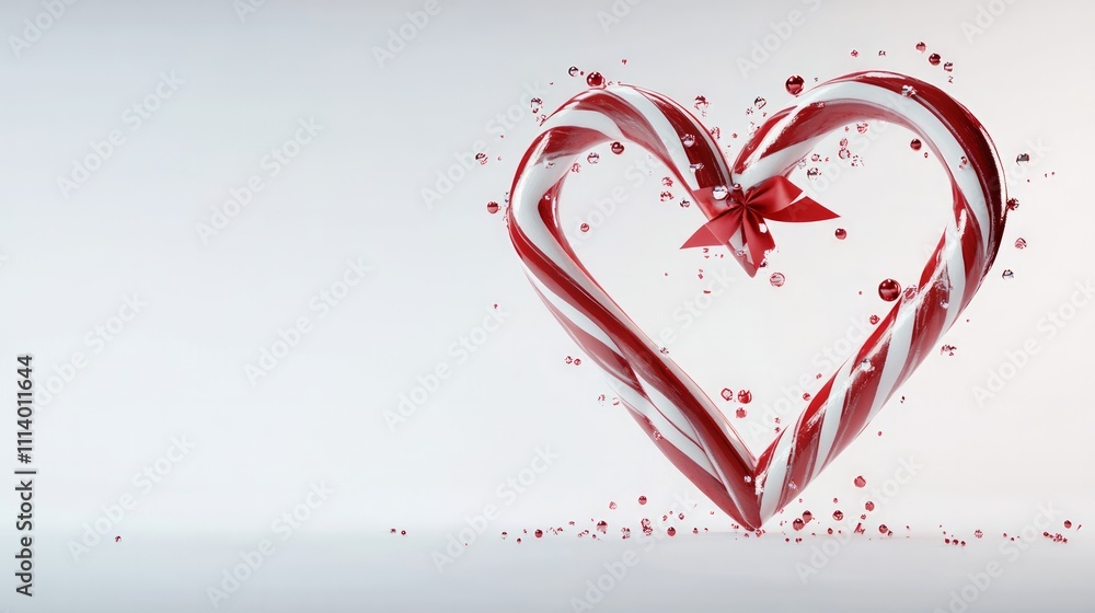 Two candy canes forming a heart shape, adorned with vibrant red ribbons and small festive ornaments. Set on a clean white background Two candy canes forming a heart shape, adorned with vibrant red ribbons and small festive ornaments. Set on a clean white background