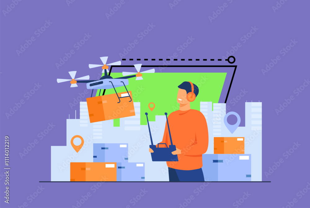 Drone delivery concept. Delivery operator controlling quadcopter with postal or distributing box, sending mobile machine to city address. For shipping, modern technology, service topics Drone delivery concept. Delivery operator controlling quadcopter with postal or distributing box, sending mobile machine to city address. For shipping, modern technology, service topics