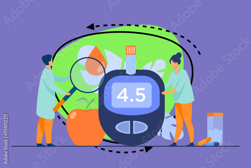 Doctors testing blood for sugar and glucose, using magnifying glass and glucometer for hypoglycemia or diabetes diagnosis. Vector illustration for awareness day, medicine, health care concept