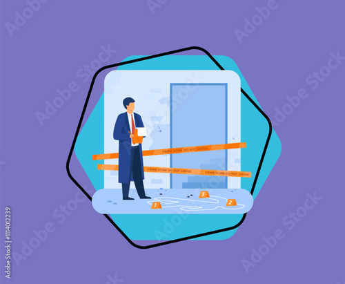 Detective working at crime scene, taking notes, finding evidence at dead body white contour. Vector illustration for investigation, police inspector, murder concept