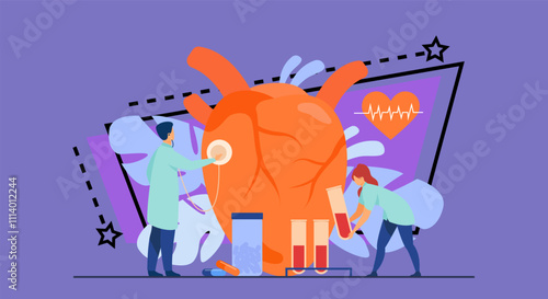 Cardiologists examining heart with stethoscope and blood samples in lab tubes among pills and heartbeat diagram. Vector illustration for cardiology, medical examination, heart disease concept