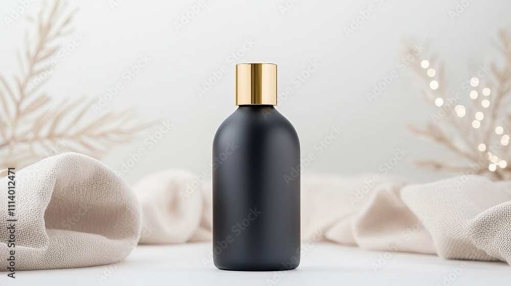 Elegant Black Bottle with Gold Cap on Soft Fabric Surrounded by Delicate Decor, Perfect for Beauty and Skincare Product Display in Minimalist Setting Elegant Black Bottle with Gold Cap on Soft Fabric Surrounded by Delicate Decor, Perfect for Beauty and Skincare Product Display in Minimalist Setting