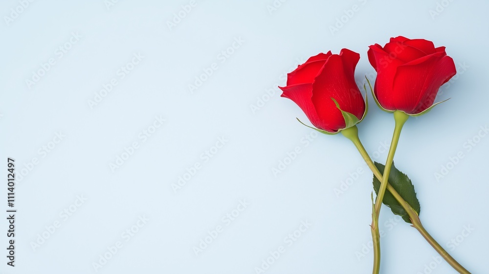 Obraz premium two crossed rose flowers on a blue background, a symbol of love, recognition of feelings, a Valentine's day concept, a postcard with free space for text