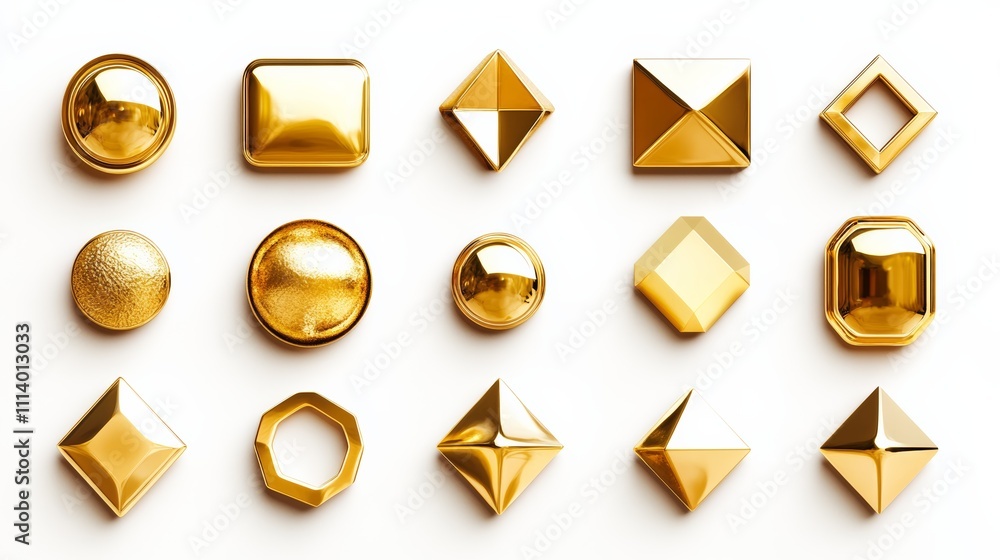 Gold button of different geometric shapes with frames and shine light effect vector illustration set. Golden oval square circle triangle star hexagon pentagon rectangle isolated on white background Gold button of different geometric shapes with frames and shine light effect vector illustration set. Golden oval square circle triangle star hexagon pentagon rectangle isolated on white background