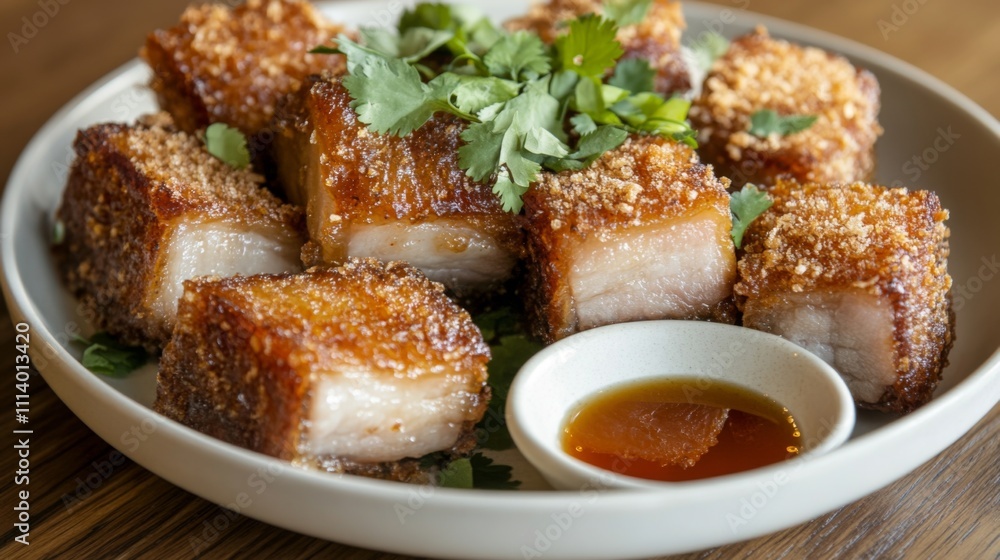 Crispy Pork Belly Served with Fresh Herbs and Dipping Sauce