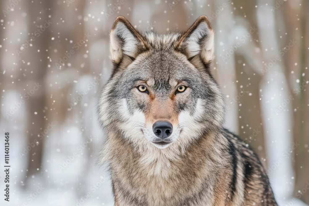 A coyote is currently standing in the snow, intently looking at the camera A coyote is currently standing in the snow, intently looking at the camera