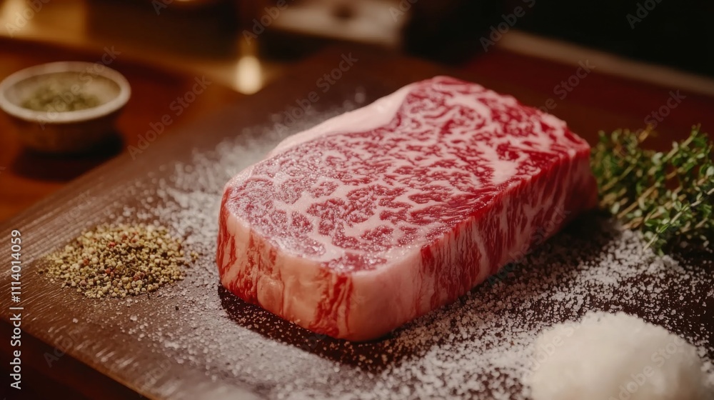 Freshly Cut Wagyu Beef with Marbling and Seasoning on Wooden Board Freshly Cut Wagyu Beef with Marbling and Seasoning on Wooden Board
