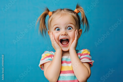 A little girl is making a very surprised face with her mouth open wide