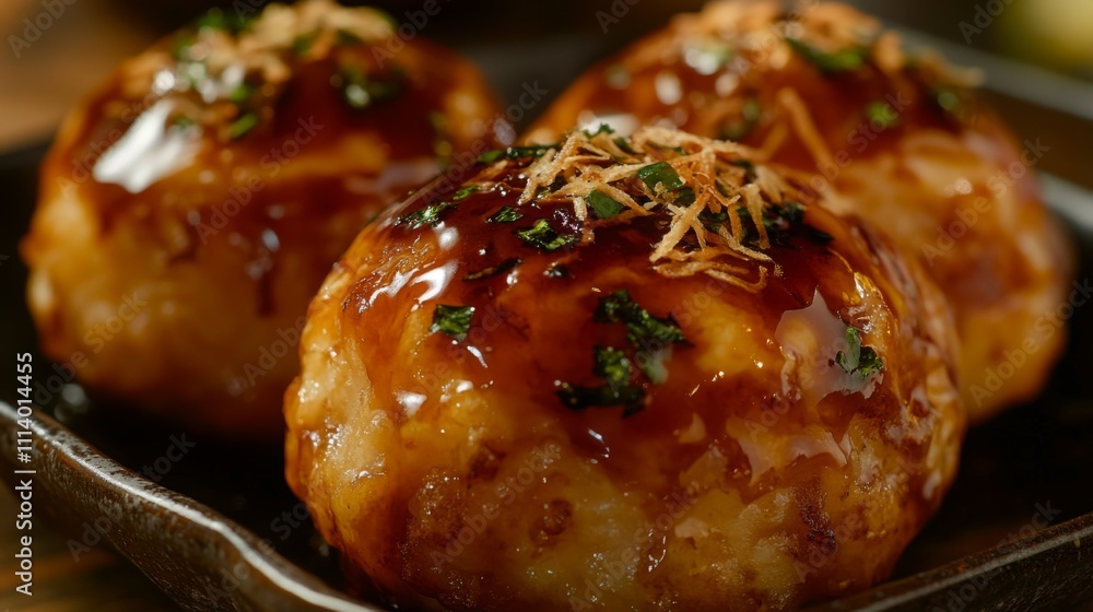 Delicious Takoyaki Balls with Sauce and Toppings on a Plate Delicious Takoyaki Balls with Sauce and Toppings on a Plate