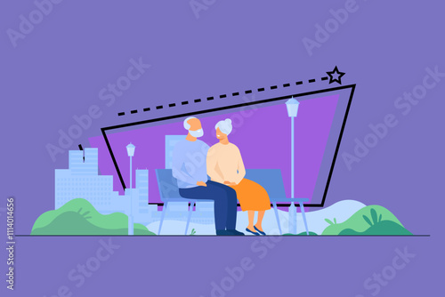 Happy senior couple sitting on bench in park isolated flat vector illustration. Cartoon old characters relaxing together on nature. Family and retirement concept