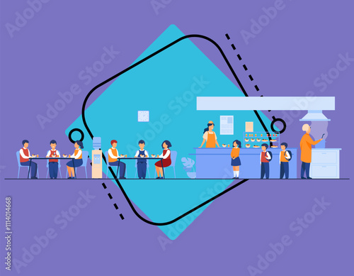 Lunch in school cafeteria concept. Teen boys and girls eating in school canteen or cafe, standing at counter for buying food. For catering, buffet, school break, facilities topics