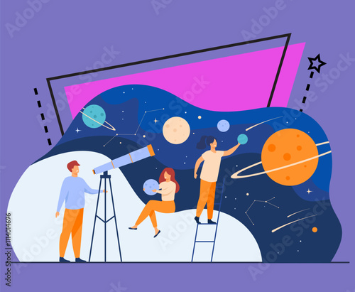 Man studying galaxy through telescope. Women holding planets models, watching meteors and constellation of stars. Flat vector illustration for horoscope, astronomy, discovery, astrology concepts