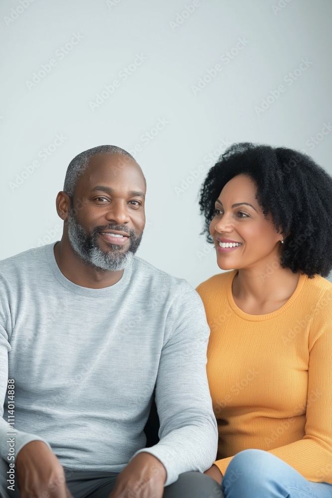 A man and woman are sitting together and smiling. The man is wearing a gray shirt and the woman is wearing a yellow shirt. They seem to be enjoying each other's company A man and woman are sitting together and smiling. The man is wearing a gray shirt and the woman is wearing a yellow shirt. They seem to be enjoying each other's company