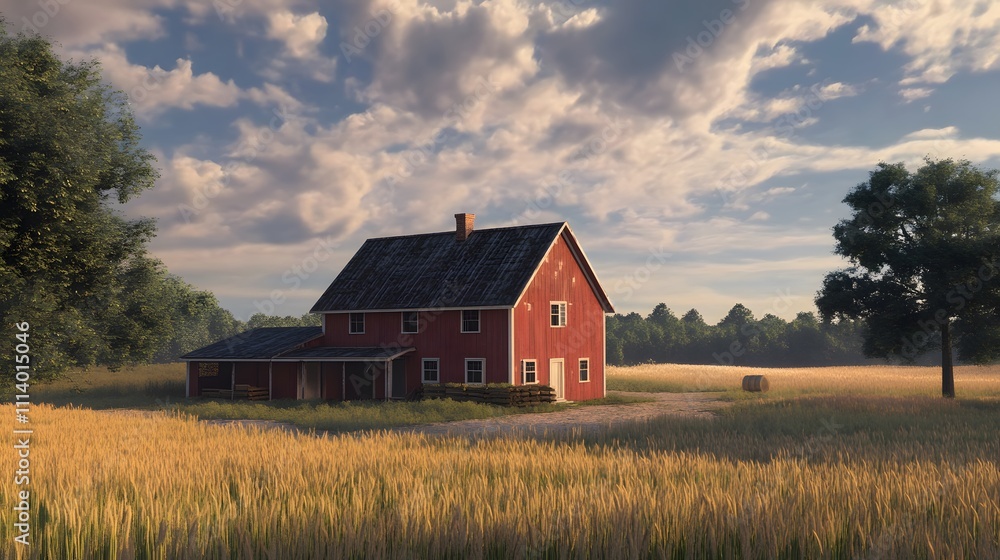 A serene red farmhouse surrounded by golden fields and trees. A serene red farmhouse surrounded by golden fields and trees.