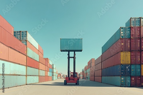 A forklift lifts a container in a containerfilled warehouse photo