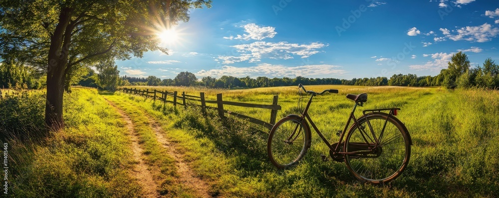 Fototapeta premium A bicycle is parked in a grassy field next to a wooden fence