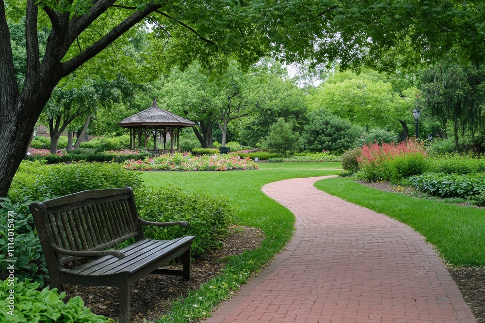 Two benches are in the park with a gazebo in the background