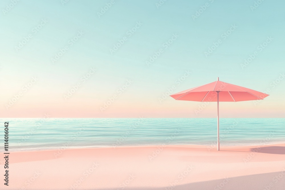 Serene beach view with a pink umbrella on a calm shoreline during sunset Serene beach view with a pink umbrella on a calm shoreline during sunset
