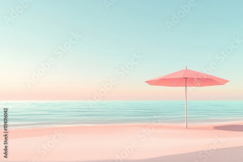 Serene beach view with a pink umbrella on a calm shoreline during sunset