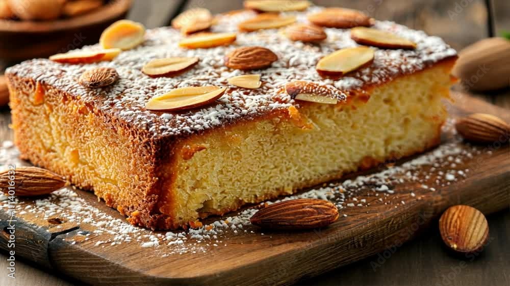 Homemade almond cake with sliced almonds and powdered sugar, sweet dessert treat served on wooden board, perfect for baking enthusiasts and special occasions. Homemade almond cake with sliced almonds and powdered sugar, sweet dessert treat served on wooden board, perfect for baking enthusiasts and special occasions.