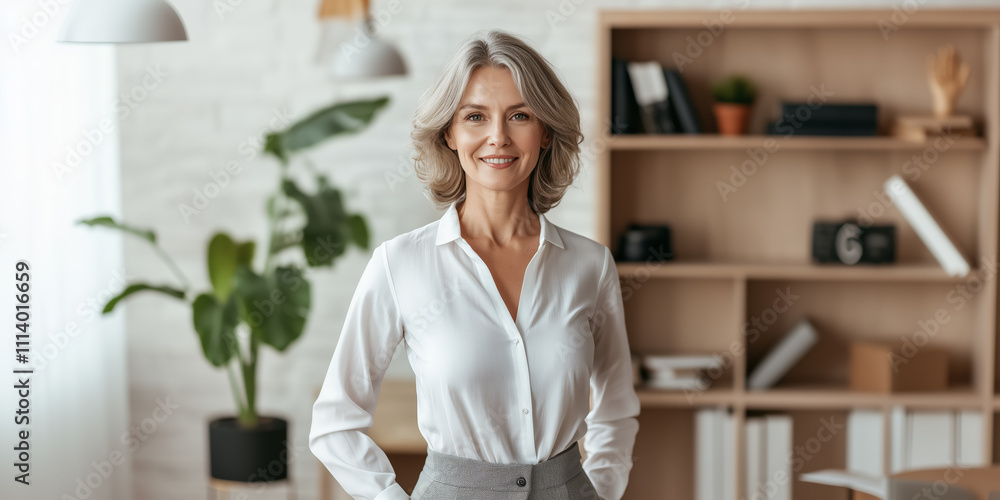 A confident, smiling middle-aged Caucasian woman with gray hair, wearing a white blouse and standing in a modern office with bookshelves A confident, smiling middle-aged Caucasian woman with gray hair, wearing a white blouse and standing in a modern office with bookshelves