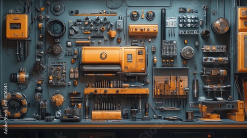 A vibrant collection of industrial tools and equipment arranged on a blue background.