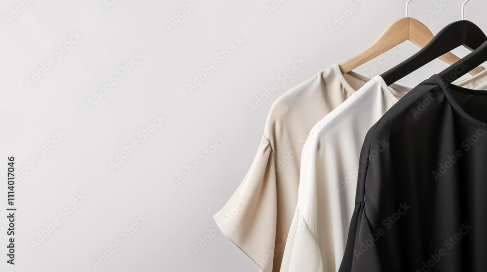 Obraz premium A minimalist fashion concept featuring women's blouses and t-shirts hanging on a white background, ideal for fashion blogs, websites, or social media headers.