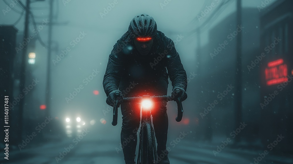 A cyclist rides through a foggy urban street at night, illuminated by bike lights in the snow. A cyclist rides through a foggy urban street at night, illuminated by bike lights in the snow.