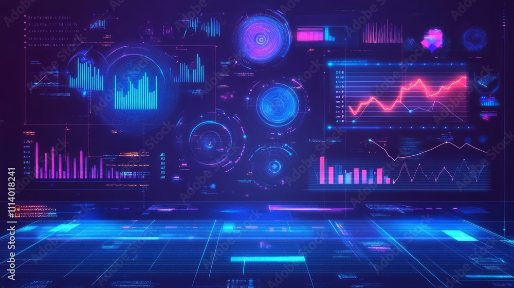 Blue gradient background with data science and technology elements, charts, graphs, code lines Blue gradient background with data science and technology elements, charts, graphs, code lines