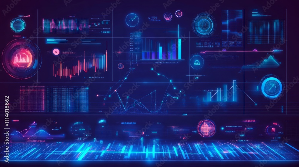 Obraz premium Blue gradient background with data science and technology elements, charts, graphs, code lines
