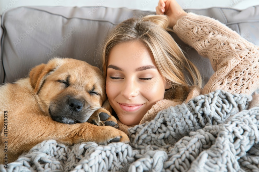 Joyful blonde woman in casual attire cuddling her adorable sleepy labrador on the sofa Joyful blonde woman in casual attire cuddling her adorable sleepy labrador on the sofa