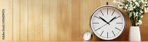 Modern Clock and Flowers on Wooden Shelf.